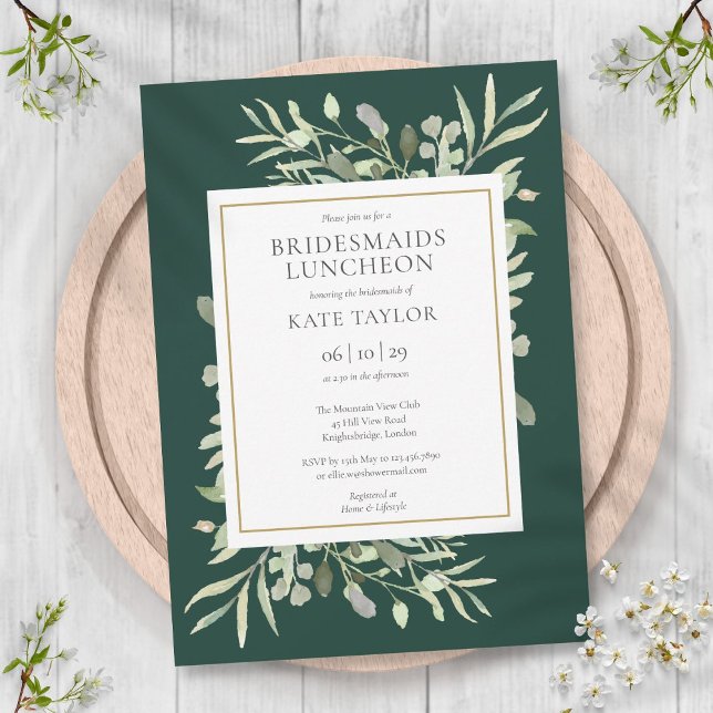 Elegante Convite de Jantar de Noivas Emeralda (Elegant Greenery Emerald Bridesmaids Luncheon Invitation)