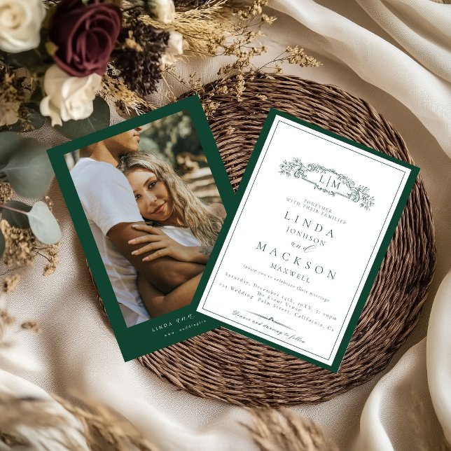 Elegante Convite de Noiva com Monograma em Verde E (Criador carregado)
