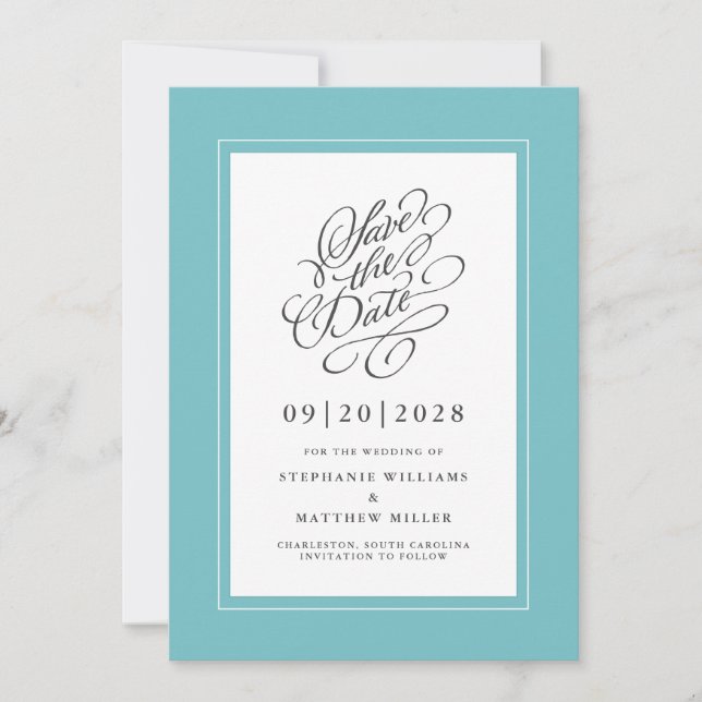 Elegante Convite de Noivado Caligrafado Aqua (Frente)
