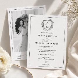 Elegante Convite de Noivado com Foto e Brasão Flor