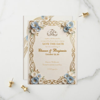 Elegante Convite de Noivado Floral Azul Save the D