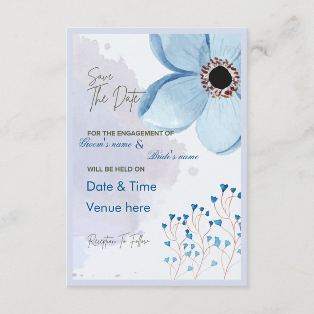 Elegante Convite de Noivado Floral Azul Save the D (Frente)