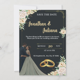 Elegante Convite de Noivado Floral Preto e Dourado