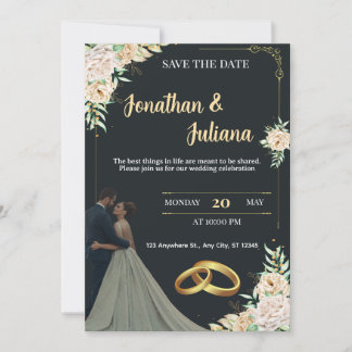 Elegante Convite de Noivado Floral Preto e Dourado