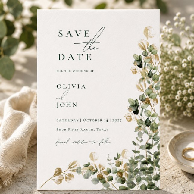 Elegante Convite de Noivado Moderno Eucalipto (Elegant Modern Eucalyptus Wedding Save the Date Announcement Postcard)