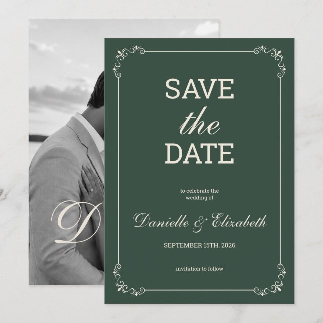 Elegante Convite de Noivado Verde Save the Date (Frente/Verso)