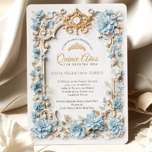 Elegante Convite de Quince Anos Azul e Dourado em