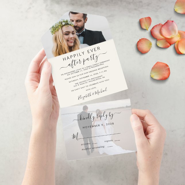 Elegante Convite de Recepção de Casamento com 2 Fo (An chic Happily Ever After Party all-in-one invitation for your wedding celebration)