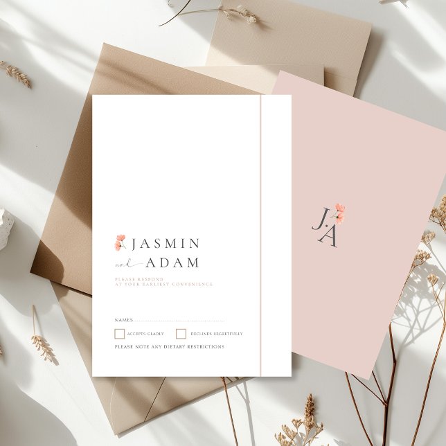 Elegante Convite de Resposta de Casamento com Mono (Elegant Blush Floral Wedding RSVP Card)