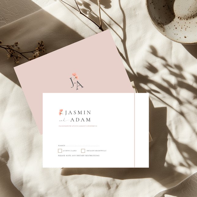 Elegante Convite de Resposta de Casamento com Mono (Elegant Blush Floral Wedding Stationery Suite)