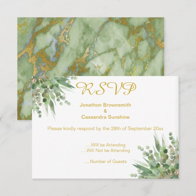 ELEGANTE CONVITE DE RSVP SIMPLES EUCALIPTO OURO (Frente/Verso)