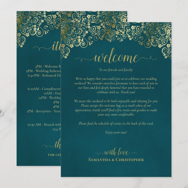 Elegante Convite e Itinerário de Casamento em Azul (Frente/Verso)