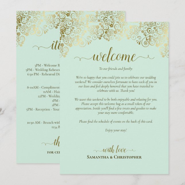 Elegante Convite e Itinerário de Casamento em Verd (Frente/Verso)