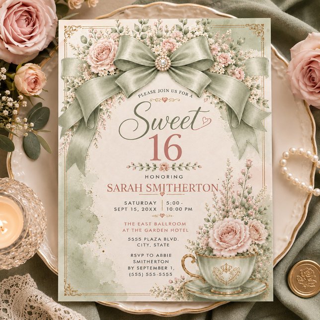 Elegante Convite Sweet 16 Rosa e Verde Sage Coquet (Elegant sage green coquette bow and blush pink floral Sweet 16 invitation)