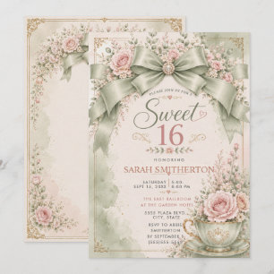 Elegante Convite Sweet 16 Rosa e Verde Sage Coquet