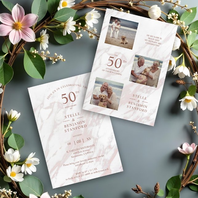 Elegante cor-de-rosa Efeito Marble Colagem de Três (Pink Marble Three Photos All Wedding Anniversary Announcement.)