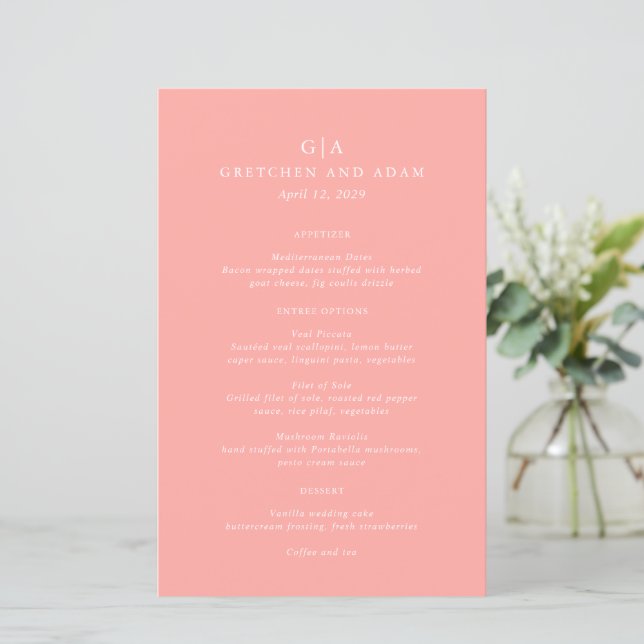 Elegante Coral Cor-de-Rosa Moderno Menu Casamento (Em pé/Frente)