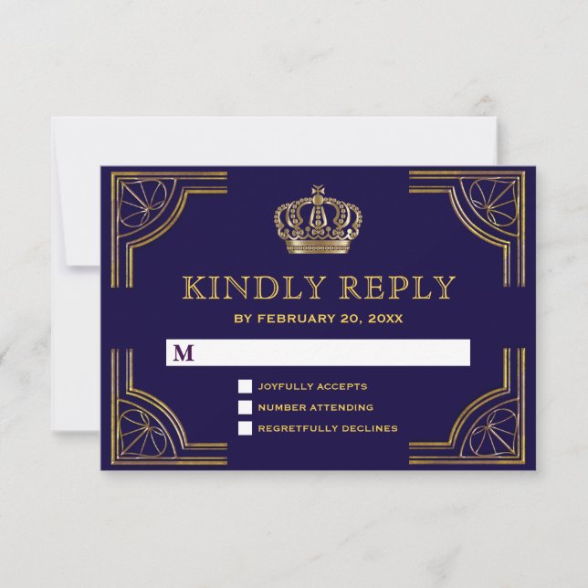 Elegante Coroa Azul Dourada Ornada RSVP (Frente)