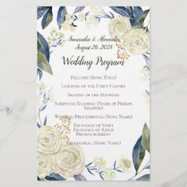 Elegante Cream Blue Watercolor Weding Program