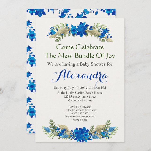 Elegante Cream Shells Blue Boy Floral Chá de frald (Frente/Verso)