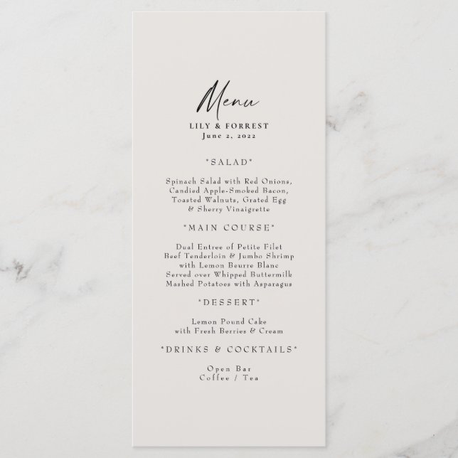 Elegante Cream Wedding Menu & Toasts (Frente)