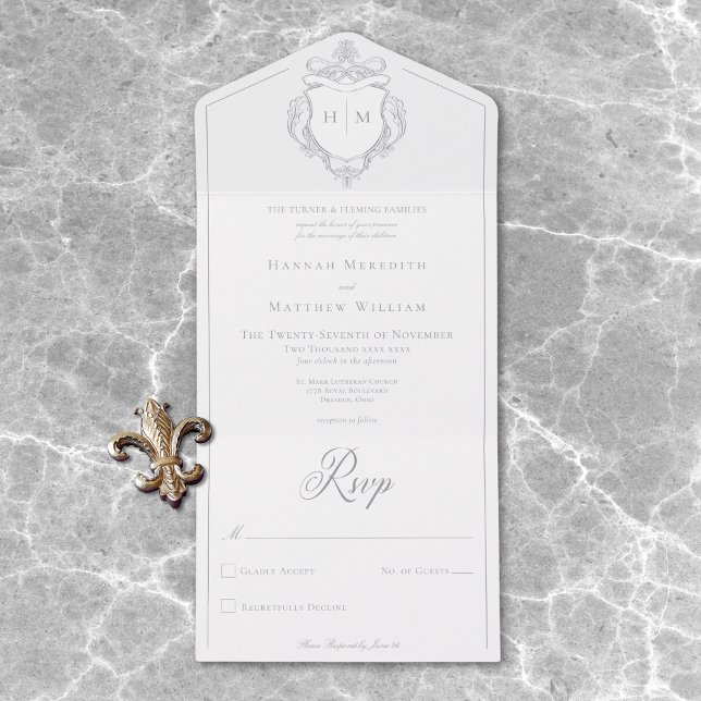 Elegante Crista de Pássaro em Chinoiserie Cinza pa (Elegant Gray Chinoiserie Bird Crest Wedding All In One Invitation)