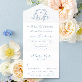 Elegante Crista Floral Azul Monograma Casamento