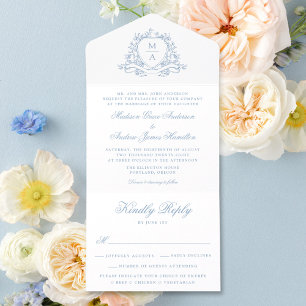 Elegante Crista Floral Azul Monograma Casamento