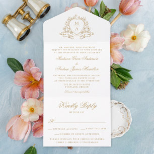 Elegante Crista Floral Dourada de Monograma de Cas