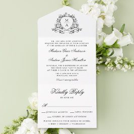 Elegante Crista Floral Preta Monograma Casamento