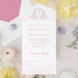 Elegante Crista Floral Rosa Monograma de Casamento