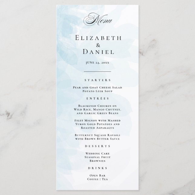 Elegante Cyan Blue Watercolor Menu (Frente)