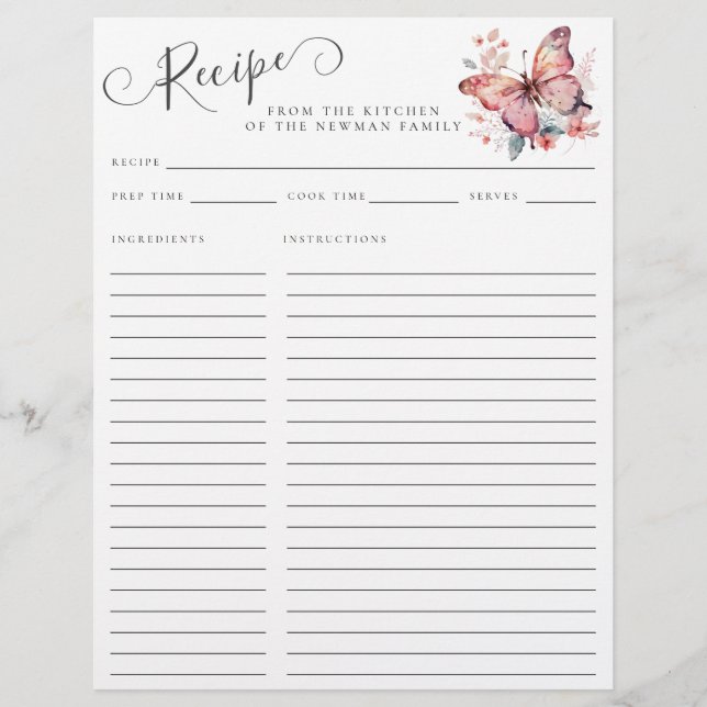 Elegante da Cozinha da Receita da Borboleta Rosa (Frente)