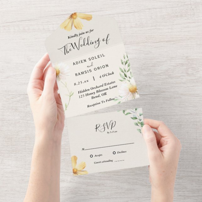 Elegante Daisy Tudo Em Um Convite De Casamento (Aba destacável)