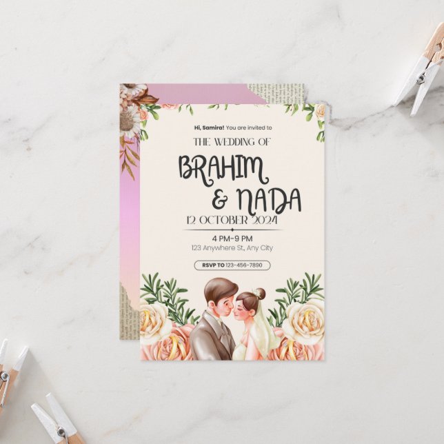 "Elegante Design de Convite de Casamento (Frente/Verso In Situ)