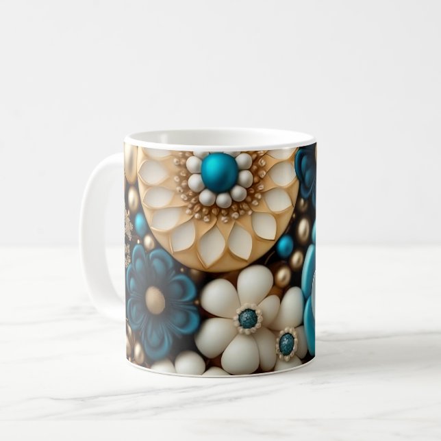 Elegante Design de Flor em 3D, Xícara de Café com  (Frente Esquerda)