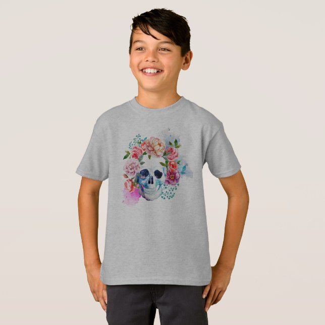 Elegante Dia de los Muertos Camisa Floral (Frente Completa)