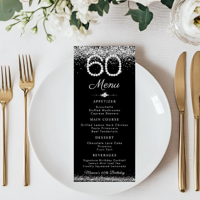 Elegante Diamantes 60º Aniversário Jante Menu Plan (Black and Silver Diamonds 60th birthday Menu card)