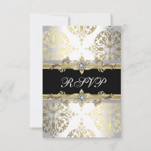 Elegante Dourado Branco Preto Damasco RSVP
