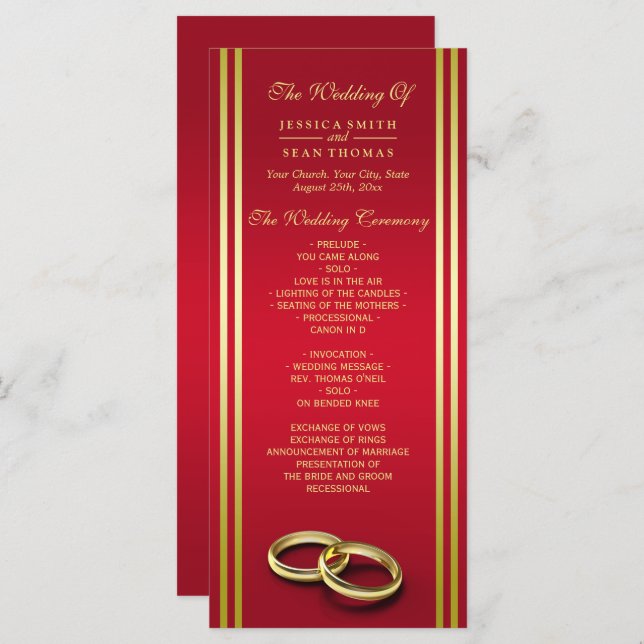 Elegante Dourado e Vermelho, Programa de Casamento (Frente/Verso)