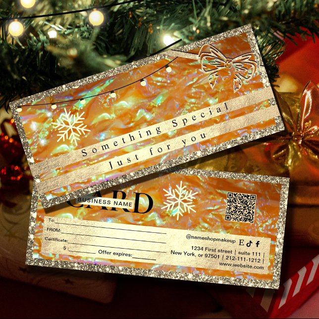 Elegante Dourado Gift Voucher | Glitter e Pérolas (Elegant Gold Gift Voucher | Glitter and Pearl Design#holographicorangegiftcard #giftvoucher #holiday)