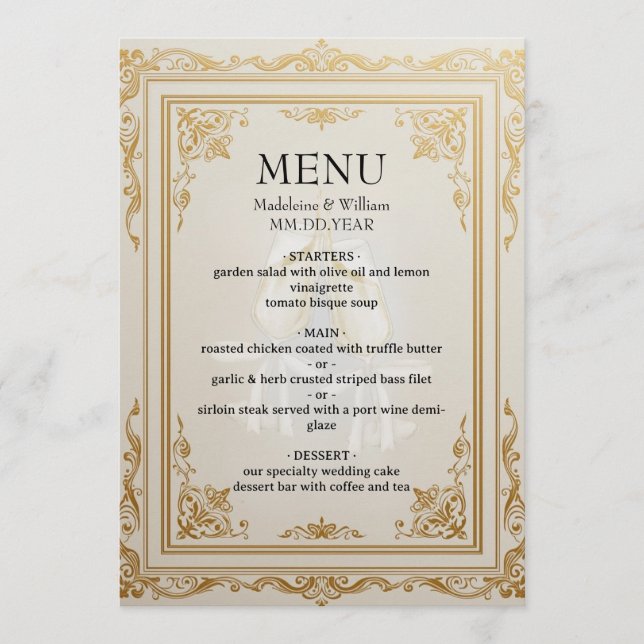 Elegante Dourado Menu de Casamento Cartão de Luxo (Frente)