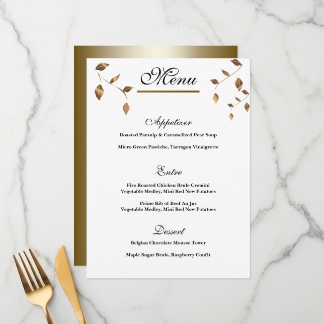 Elegante Dourado, Menu Negra de Casamento (Frente/Verso In Situ)