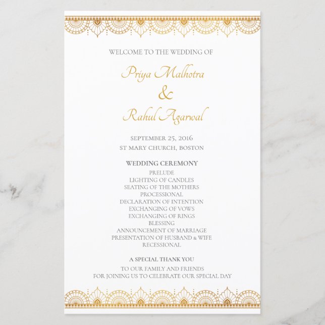Elegante Dourado Programa de Casamento Indiano (Frente)