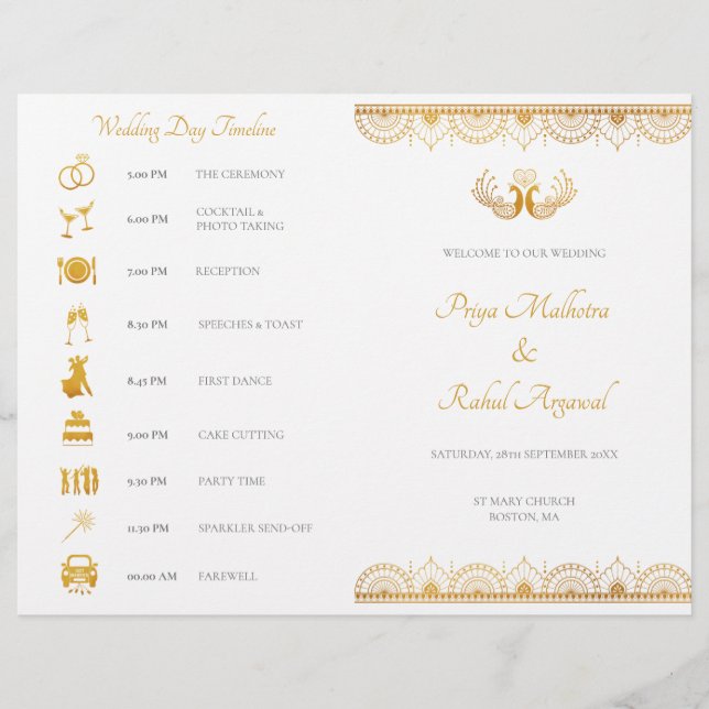 Elegante Dourado Programa de Casamento Indiano (Frente)