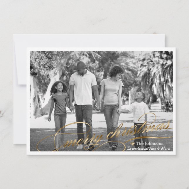 Elegante Dourado Script Feliz Cartão com fotos de  (Frente)