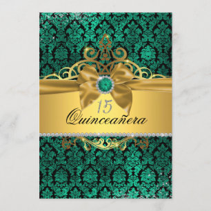 Elegante Dourado Teal Damask Quinceanera Convite