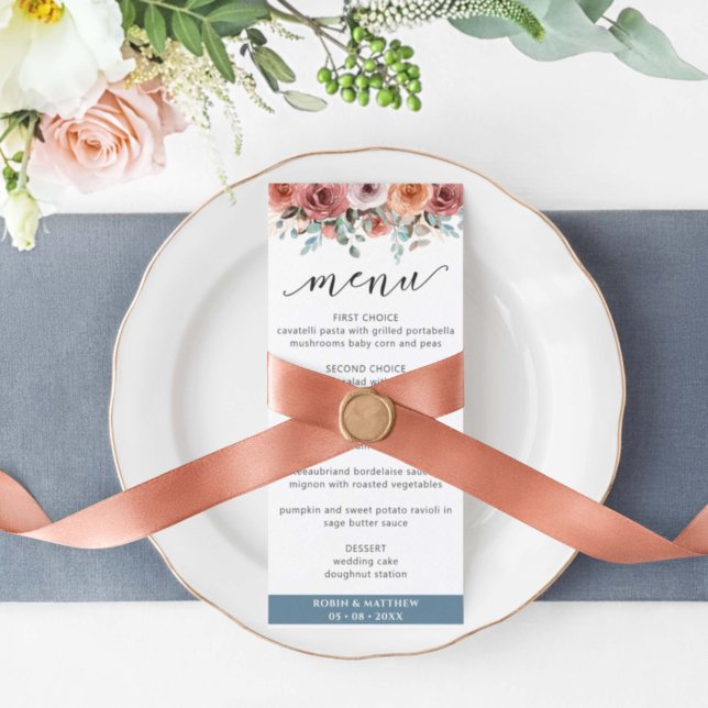 Elegante Dusty Blue Ethal, Menu Floral de Casament (Criador carregado)