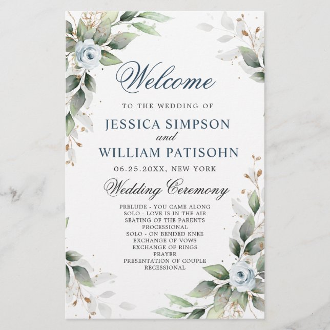 Elegante Dusty Blue Floral Ceremony Program (Frente)