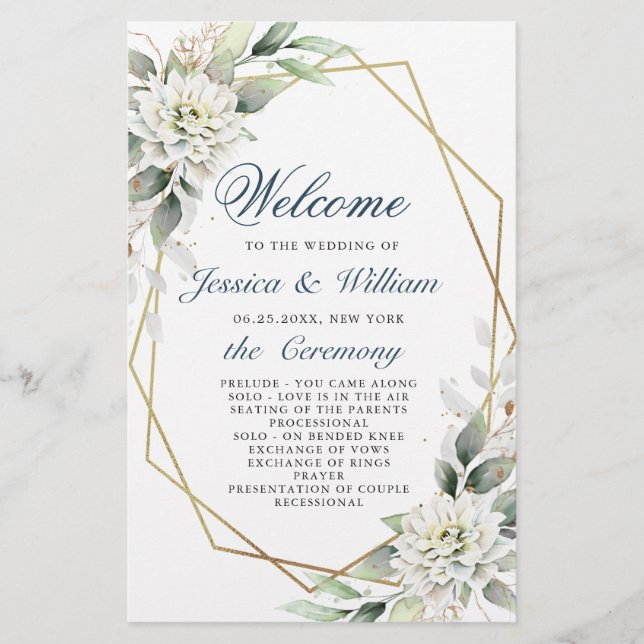 Elegante Dusty Blue Floral Ceremony Program (Frente)